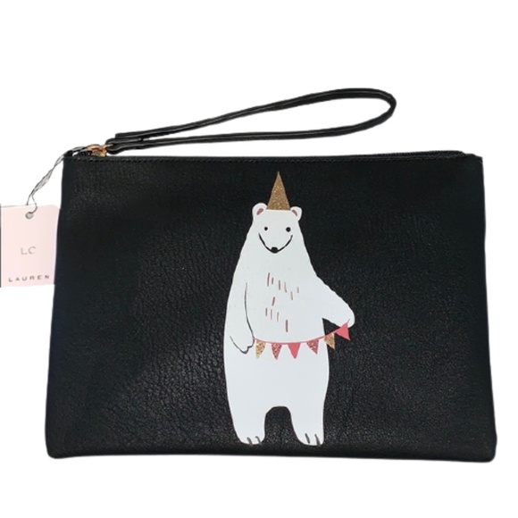 LC LAUREN CONRAD Polar Bear Wristlet Bag Pouch Makeup Clutch Travel Black - Picture 2 of 7